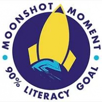Moonshot Moment Logo featuring a yellow rocket and the goal of 90% literacy