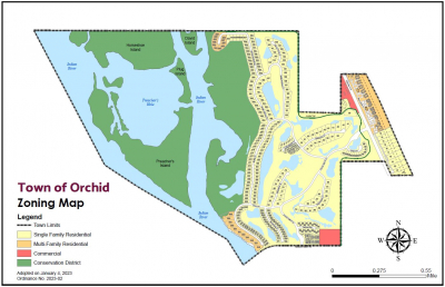 Town of Orchid zoning map, which depicts which areas fall into its four current zoning districts. 