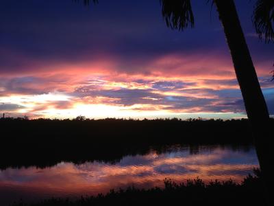 A colorful evening sky is reflected in the Indian River Lagoon as a leaning palm tree partially blocks the view.